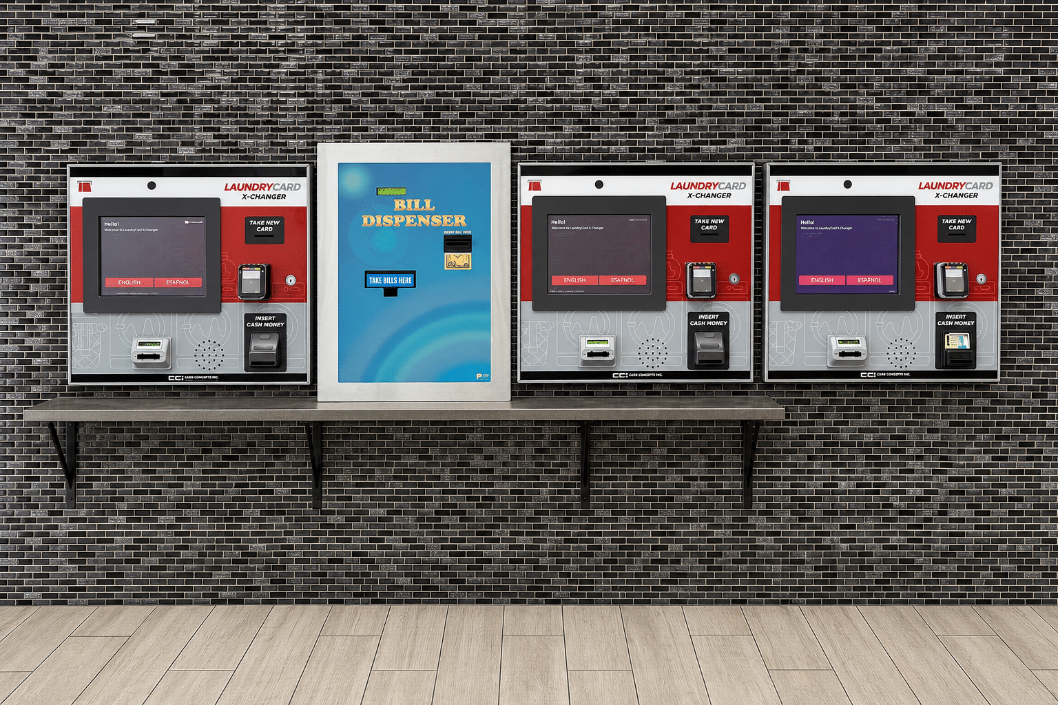 Card-only payment reader, no coins needed, at a Dirty Laundry Express self-service laundromat