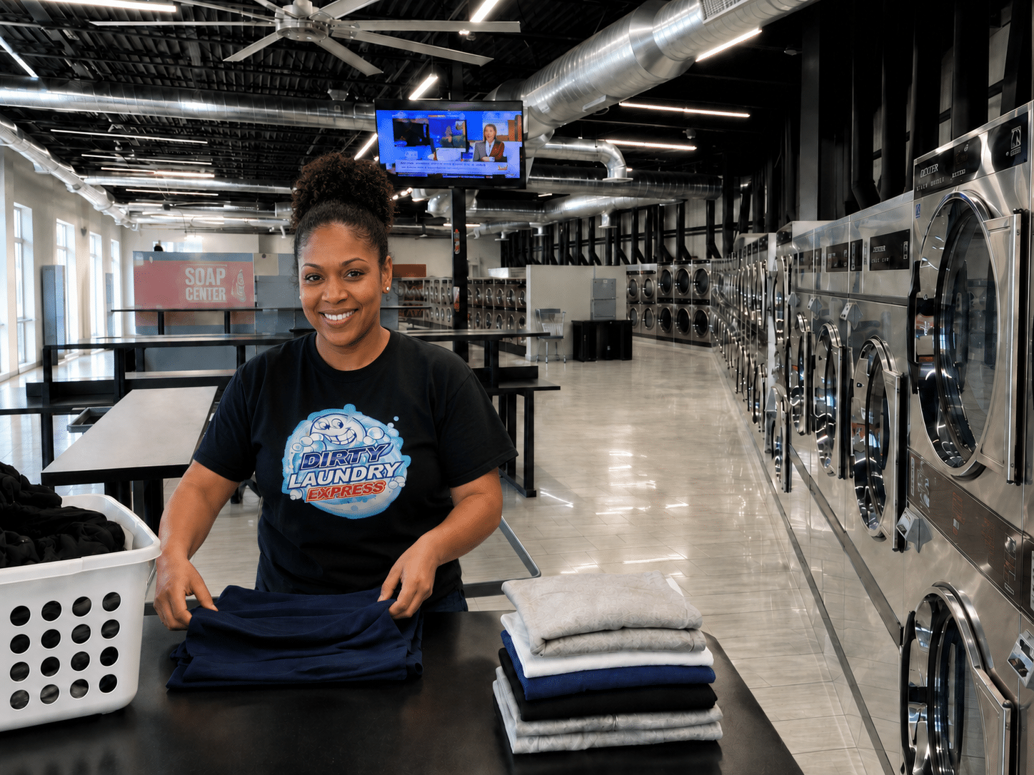Laundry pick up and delivery near me - a Dirty Laundry Express team member folding a customer order in New Jersey
